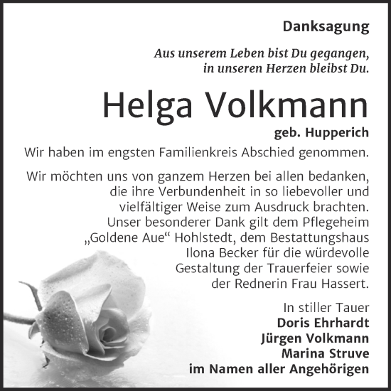 Traueranzeige von Helga Volkmann von Trauerkombi Sangerhausen