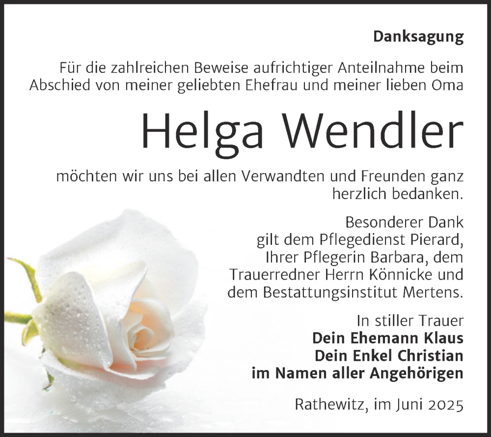  Traueranzeige für Helga Wendler vom 21.06.2025 aus Super Sonntag Naumburg/Nebra