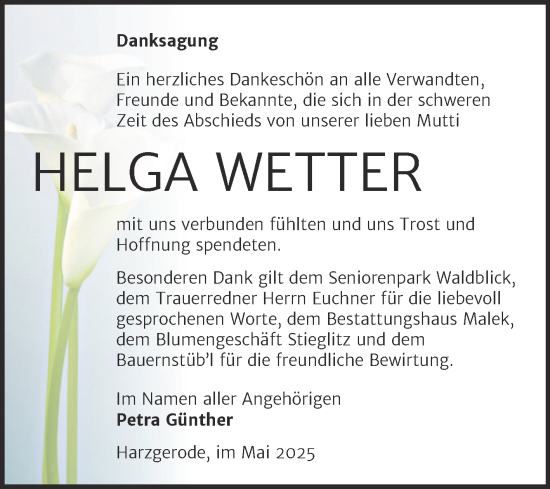 Traueranzeige von Helga Wetter von Trauerkombi Quedlinburg