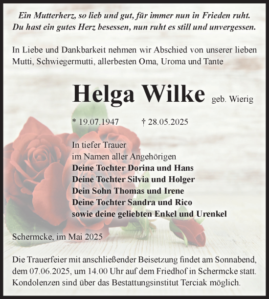 Traueranzeige von Helga Wilke von Volksstimme Oschersleben/Wanzleben