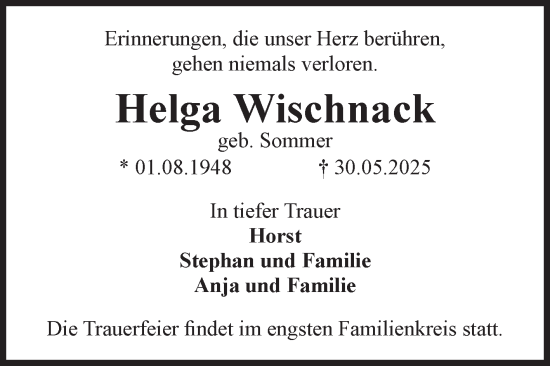 Traueranzeige von Helga Wischnack von Volksstimme Burg/Genthin
