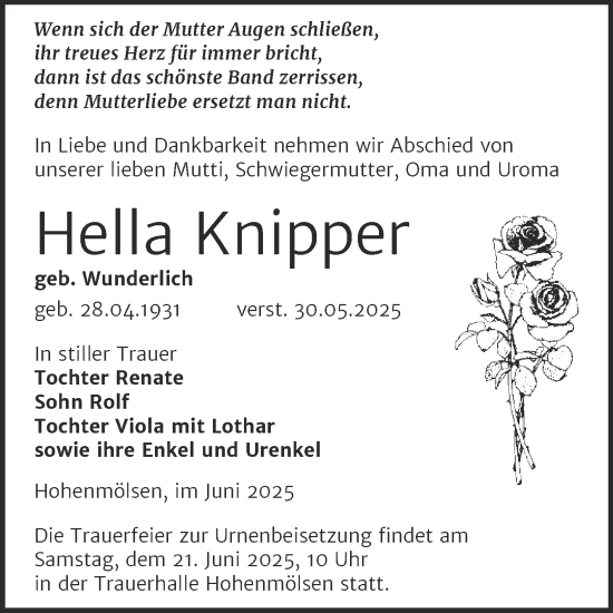 Traueranzeige von Hella Knipper von Trauerkombi Weißenfels