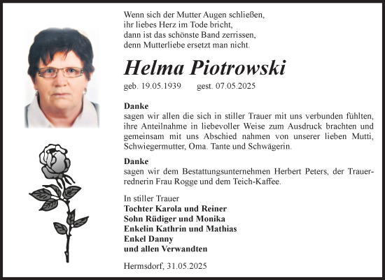 Traueranzeige von Helma Piotrowski von Volksstimme Haldensleben/Wolmirstedt