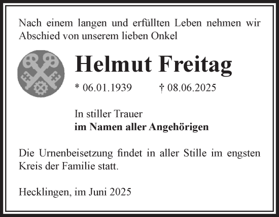 Traueranzeige von Helmut Freitag von Volksstimme Staßfurt