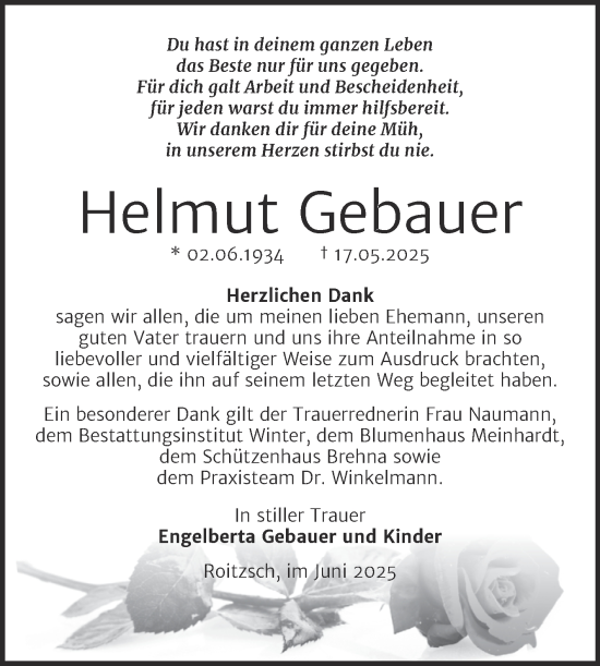 Traueranzeige von Helmut Gebauer von Trauerkombi Bitterfeld