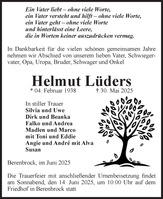 Traueranzeige von Helmut Lüders von Volksstimme Altmark West