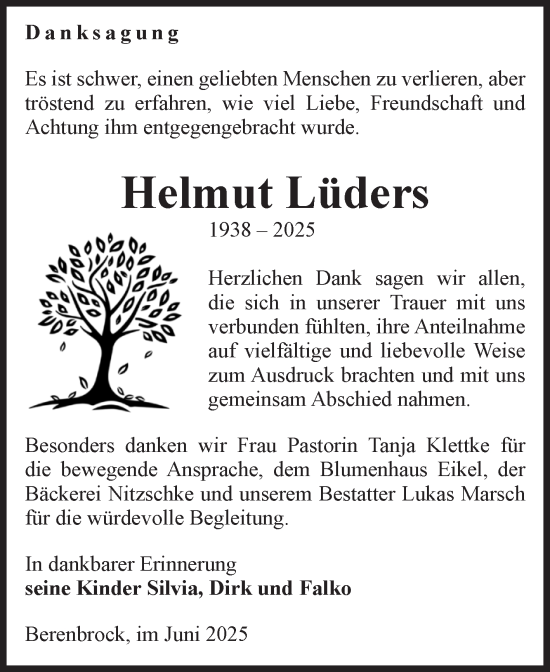 Traueranzeige von Helmut Lüders von Volksstimme Haldensleben/Wolmirstedt