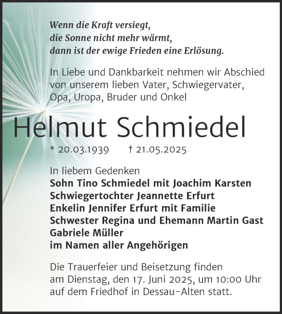 Traueranzeige von Helmut Schmiedel von Trauerkombi Dessau