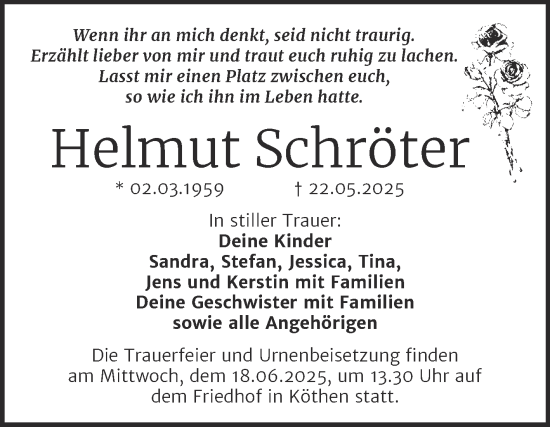 Traueranzeige von Helmut Schröter von Trauerkombi Köthen