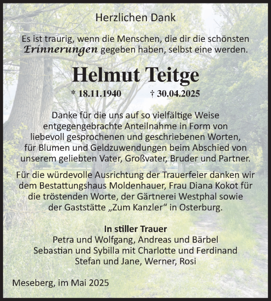 Traueranzeige von Helmut Teitge von Volksstimme Altmark Ost