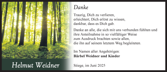 Traueranzeige von Helmut Weidner von Volksstimme Wernigerode