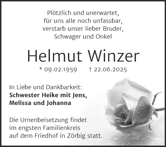 Traueranzeige von Helmut Winzer von Trauerkombi Bitterfeld