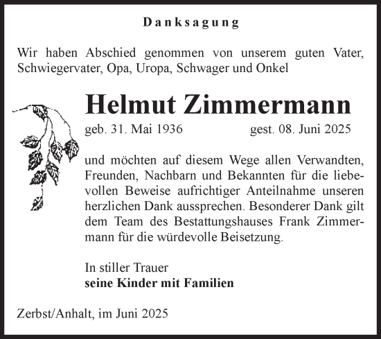Traueranzeige von Helmut Zimmermann von Volksstimme Zerbst