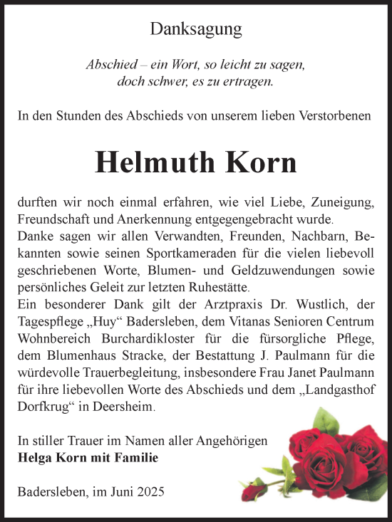 Traueranzeige von Helmuth Korn von Volksstimme Halberstadt