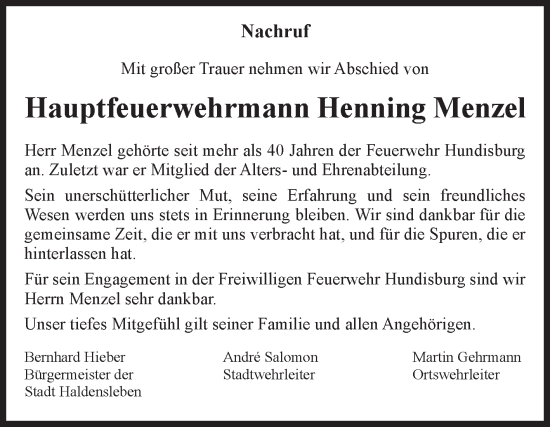 Traueranzeige von Henning Menzel von Volksstimme Haldensleben/Wolmirstedt