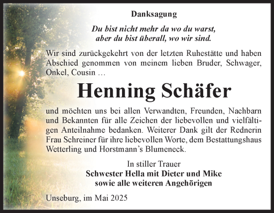 Traueranzeige von Henning Schäfer von Volksstimme Staßfurt