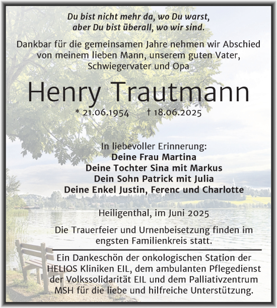 Traueranzeige von Henry Trautmann von Trauerkombi Mansfelder Land