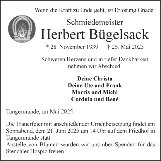 Traueranzeige von Herbert Bügelsack von Volksstimme Altmark Ost