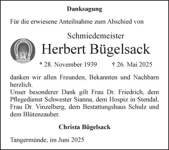 Traueranzeige von Herbert Bügelsack von Volksstimme Altmark Ost