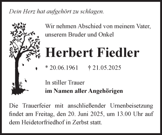 Traueranzeige von Herbert Fiedler von Volksstimme Zerbst