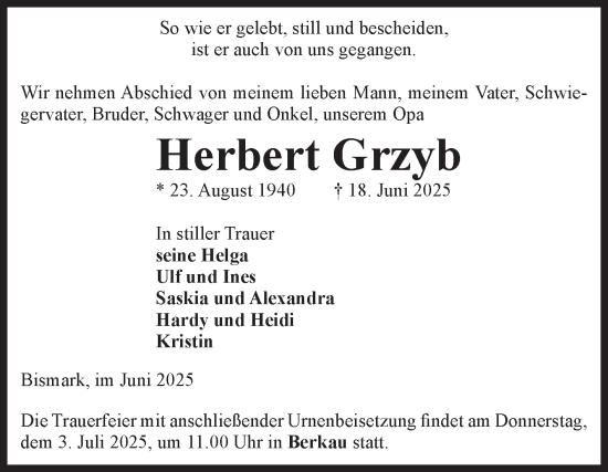 Traueranzeige von Herbert Grzyb von Volksstimme Altmark Ost