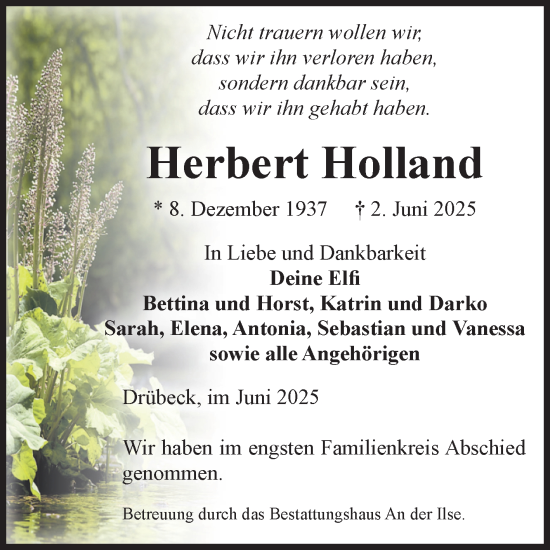 Traueranzeige von Herbert Holland von Volksstimme Wernigerode