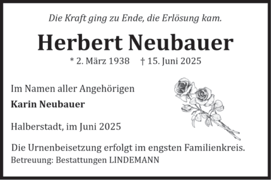 Traueranzeige von Herbert Neubauer von Volksstimme Halberstadt
