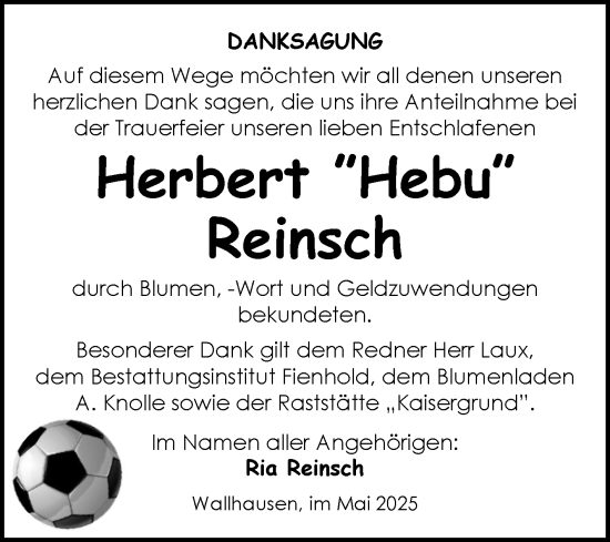 Traueranzeige von Herbert Reinsch von Trauerkombi Sangerhausen