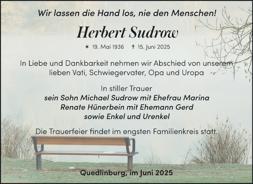  Traueranzeige für Herbert Sudrow vom 28.06.2025 aus Trauerkombi Quedlinburg