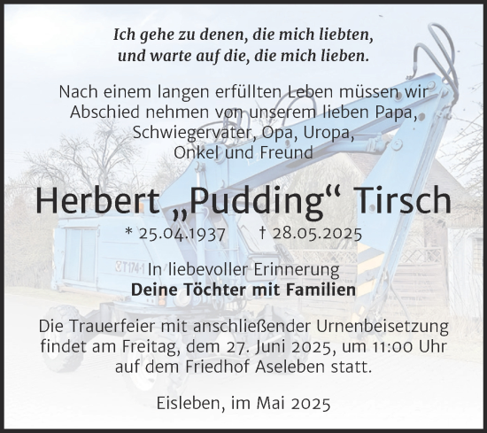 Traueranzeige von Herbert Tirsch von Trauerkombi Mansfelder Land