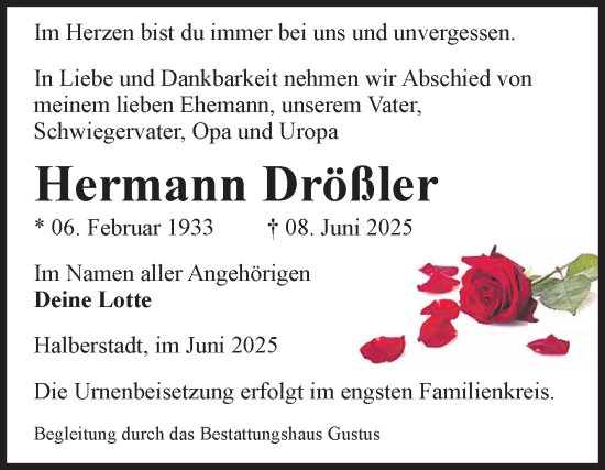 Traueranzeige von Hermann Drößler von Volksstimme Halberstadt