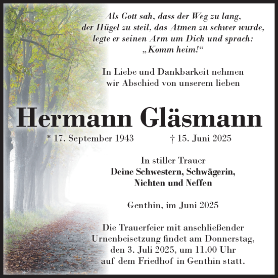 Traueranzeige von Hermann Gläsmann von Volksstimme Burg/Genthin