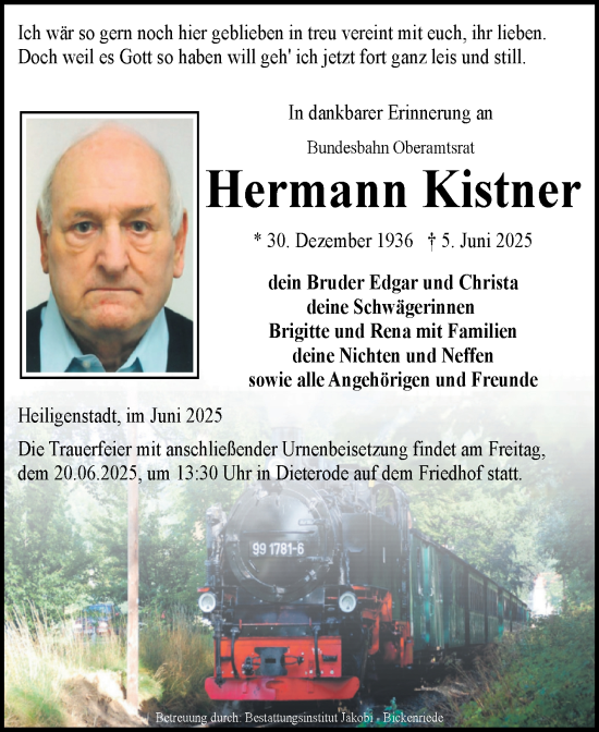 Traueranzeige von Hermann Kistner von Mitteldeutsche Zeitung Sangerhausen
