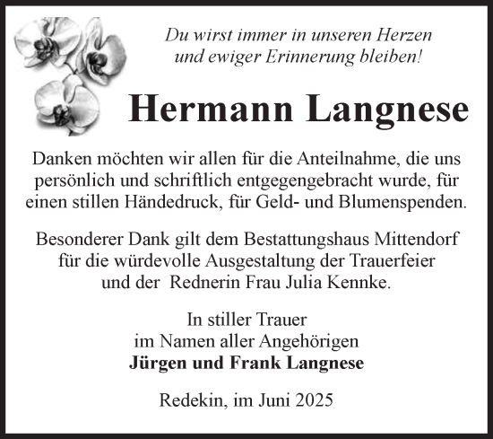 Traueranzeige von Hermann Langnese von Volksstimme Burg/Genthin
