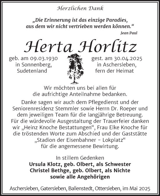 Traueranzeige von Herta Horlitz von Trauerkombi Aschersleben