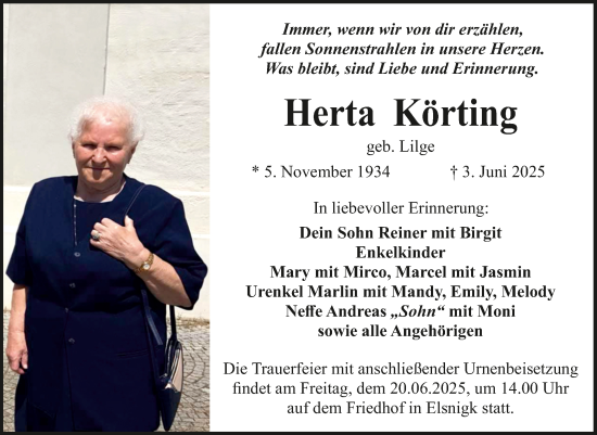 Traueranzeige von Herta Körting von Trauerkombi Köthen