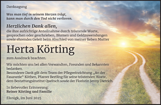 Traueranzeige von Herta Körting von Trauerkombi Köthen