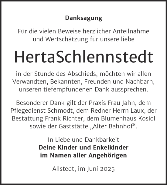 Traueranzeige von Herta Schlennstedt von Trauerkombi Sangerhausen