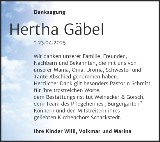 Traueranzeige von Hertha Gäbel von Trauerkombi Bernburg