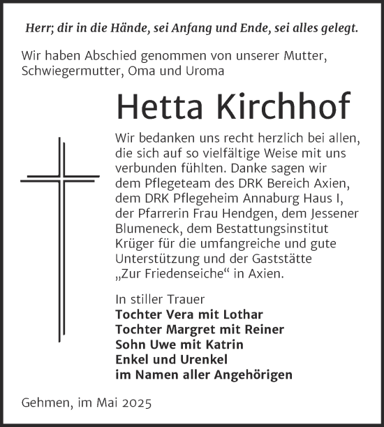 Traueranzeige von Hetta Kirchhof von Trauerkombi Wittenberg