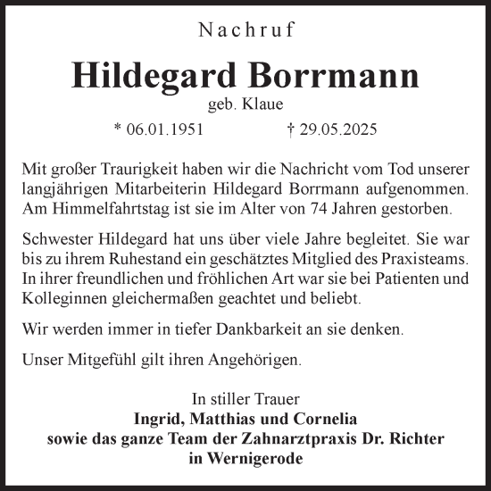 Traueranzeige von Hildegard Borrmann von Volksstimme Wernigerode