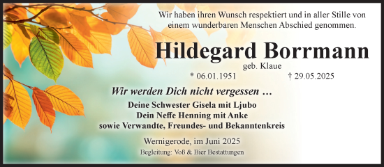 Traueranzeige von Hildegard Borrmann von Volksstimme Wernigerode