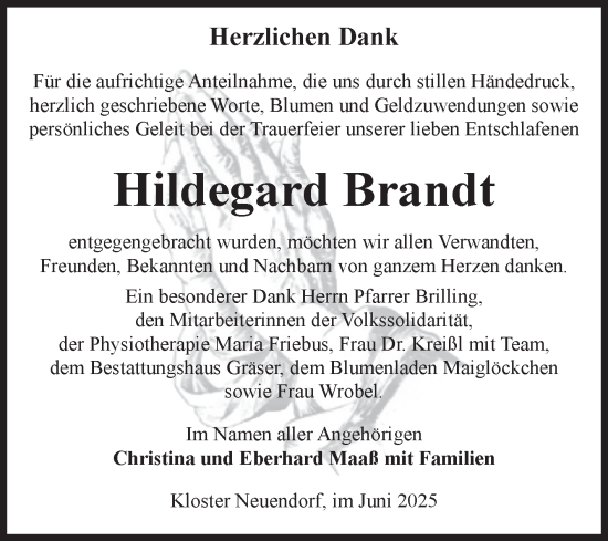 Traueranzeige von Hildegard Brandt von Volksstimme Altmark West