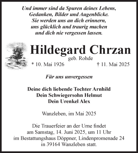 Traueranzeige von Hildegard Chrzan von Volksstimme Oschersleben/Wanzleben