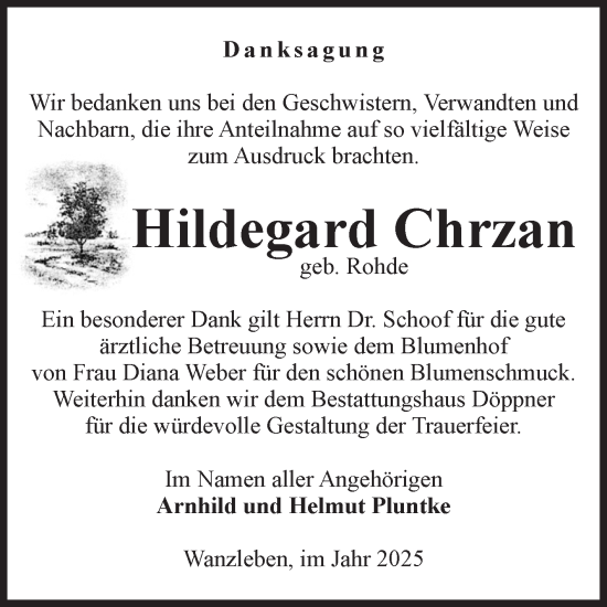 Traueranzeige von Hildegard Chrzan von Volksstimme Oschersleben/Wanzleben