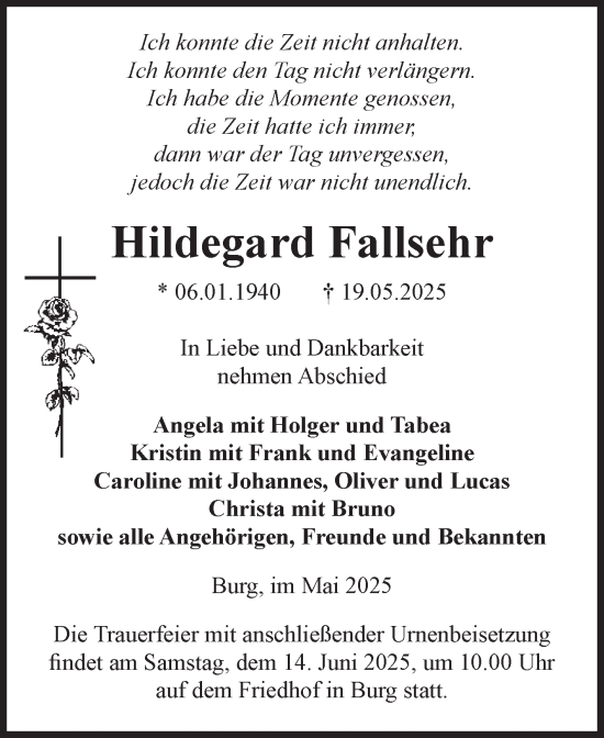 Traueranzeige von Hildegard Fallsehr von Volksstimme Burg/Genthin