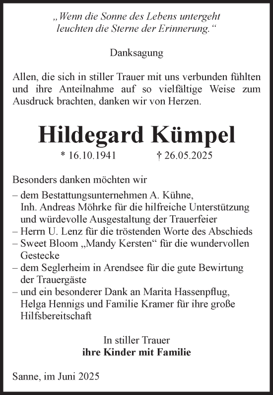 Traueranzeige von Hildegard Kümpel von Volksstimme Altmark West