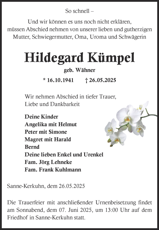 Traueranzeige von Hildegard Kümpel von Volksstimme Altmark West
