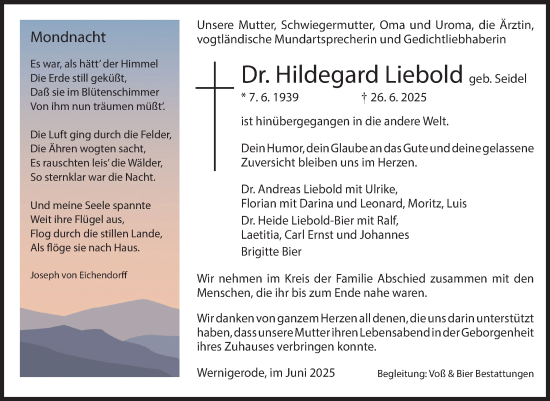 Traueranzeige von Hildegard Liebold von Volksstimme Wernigerode