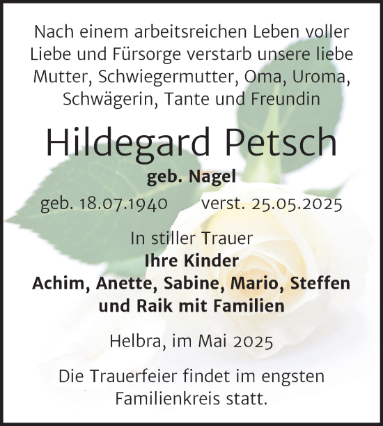 Traueranzeige von Hildegard Petsch von Trauerkombi Mansfelder Land